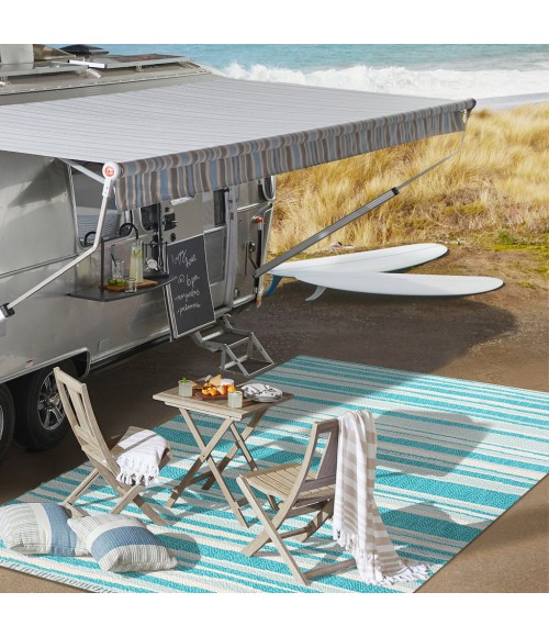 Castara Wavy Stripe Modern Aqua/Cream 2 ft. x 8 ft. Indoor/Outdoor Runner Rug