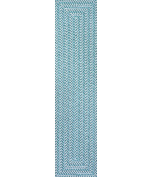 SANTA MONICA Area Rug Chevron Modern Concentric Squares Aqua/Light Gray 2 ft. x 8 ft. Indoor/Outdoor Runner Rug