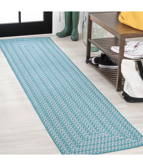 SANTA MONICA Area Rug Chevron Modern Concentric Squares Aqua/Light Gray 2 ft. x 8 ft. Indoor/Outdoor Runner Rug