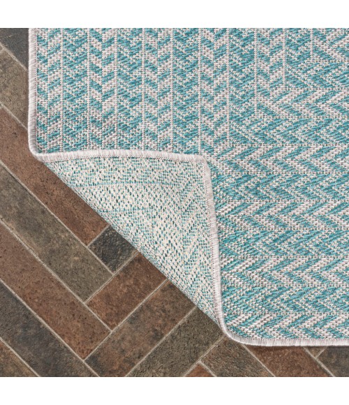 SANTA MONICA Area Rug Chevron Modern Concentric Squares Aqua/Light Gray 2 ft. x 8 ft. Indoor/Outdoor Runner Rug