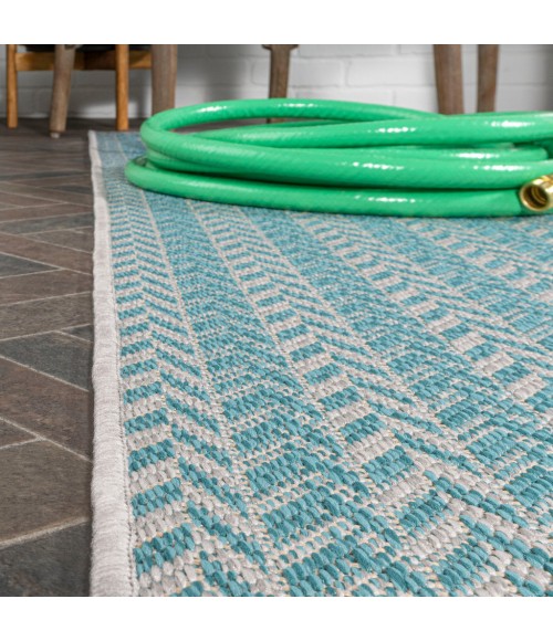 SANTA MONICA Area Rug Chevron Modern Concentric Squares Aqua/Light Gray 2 ft. x 8 ft. Indoor/Outdoor Runner Rug