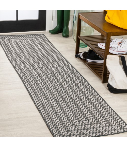 SANTA MONICA Area Rug Chevron Modern Concentric Squares Black/Light Gray 2 ft. x 8 ft. Indoor/Outdoor Runner Rug
