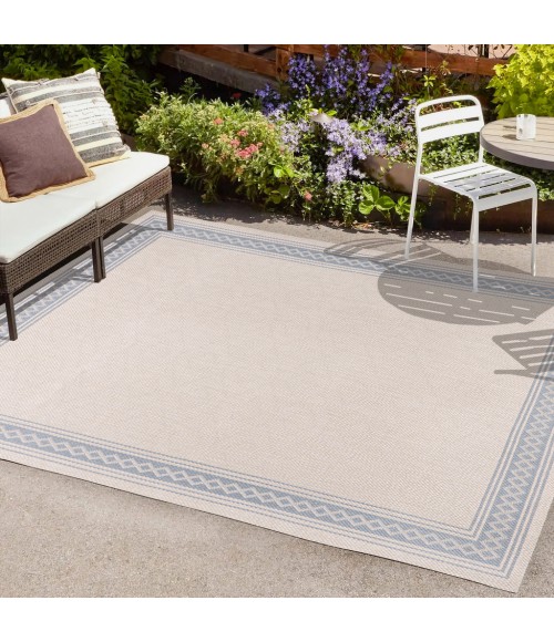 SANTA MONICA Area Rug Lucia Classic Diamond Border Cream/Blue 3 ft. x 5 ft. Indoor/Outdoor Area Rug