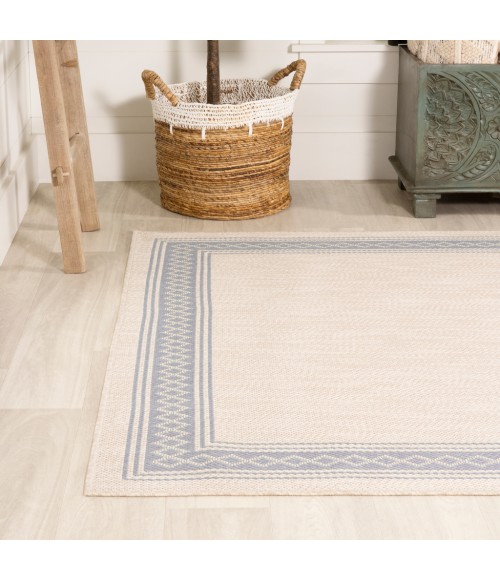 SANTA MONICA Area Rug Lucia Classic Diamond Border Cream/Blue 3 ft. x 5 ft. Indoor/Outdoor Area Rug