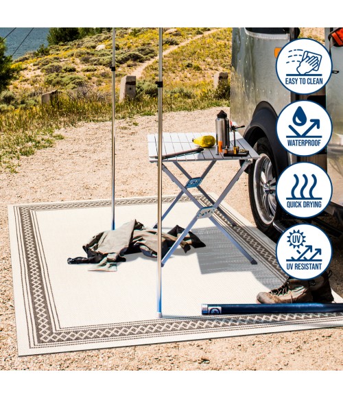 SANTA MONICA Area Rug Lucia Classic Diamond Border Cream/Black 2 ft. x 8 ft. Indoor/Outdoor Runner Rug