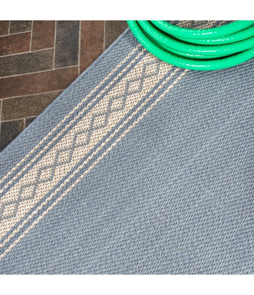 SANTA MONICA Area Rug Lucia Classic Diamond Border Blue/Cream 2 ft. x 8 ft. Indoor/Outdoor Runner Rug
