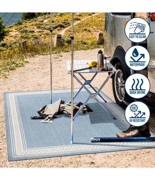 SANTA MONICA Area Rug Lucia Classic Diamond Border Blue/Cream 2 ft. x 8 ft. Indoor/Outdoor Runner Rug