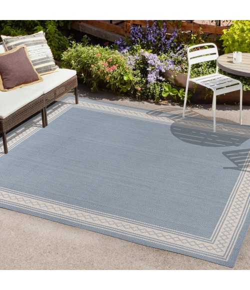 SANTA MONICA Area Rug Lucia Classic Diamond Border Blue/Cream 4 ft. x 6 ft. Indoor/Outdoor Area Rug