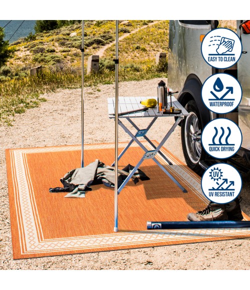 SANTA MONICA Area Rug Lucia Classic Diamond Border Orange/Cream 2 ft. x 8 ft. Indoor/Outdoor Runner Rug
