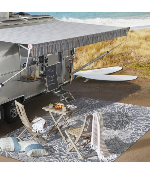 Bahamas Modern All-Over Floral Navy/Gray 2 ft. x 8 ft. Indoor/Outdoor Runner Rug