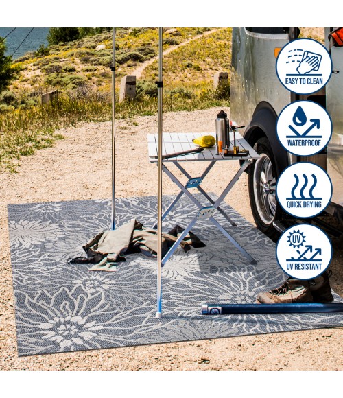 Bahamas Modern All-Over Floral Navy/Gray 2 ft. x 8 ft. Indoor/Outdoor Runner Rug