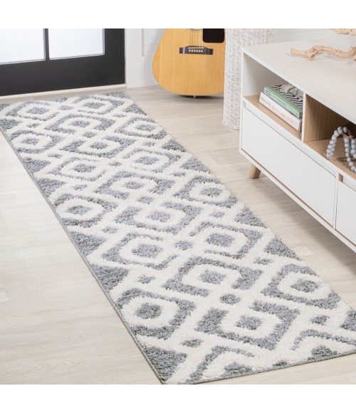 SANTA THERESA Area Rug Astrid Retro Trellis High-Low Cream/Gray 2 ft. x 8 ft. Runner Rug