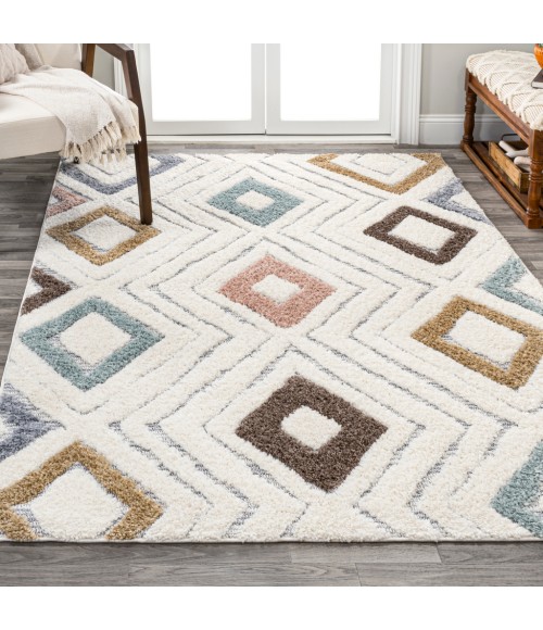 SANTA THERESA Area Rug Amira Diamond Tribal High-Low Multi/Cream 3 ft. x 5 ft. Area Rug