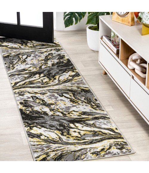 SILK ORCHID Area Rug Swirl Marbled Abstract Black/Yellow 2 ft. x 8 ft. Runner Rug