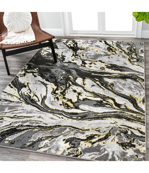 SILK ORCHID Area Rug Swirl Marbled Abstract Black/Yellow 4 ft. x 6 ft. Area Rug