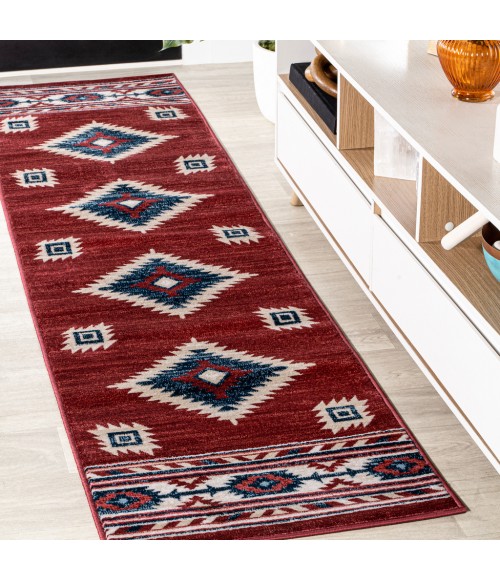 SOUTH WESTERN Area Rug Serape Medallion Southwestern Red/Navy/Cream 2 ft. x 8 ft. Runner Rug