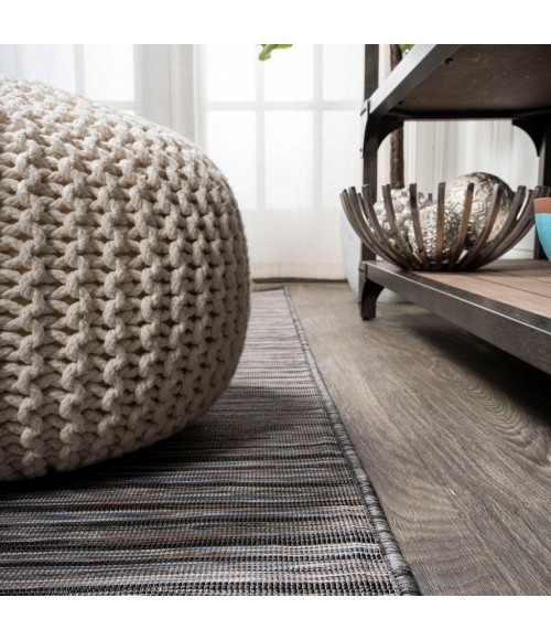 TUSCAN SUN COLLECTION Area Rug Finn Modern Farmhouse Pinstripe Dark Gray/Blue 6' Round Indoor/Outdoor Area Rug