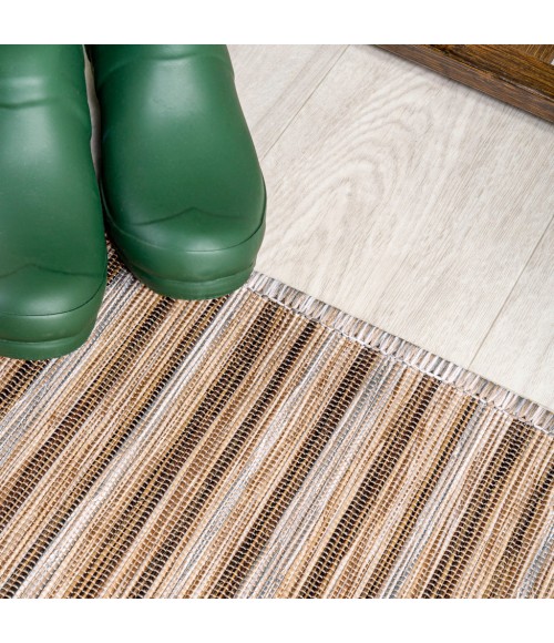 TUSCAN SUN COLLECTION Area Rug Finn Modern Farmhouse Pinstripe Brown/Natural 2 ft. x 8 ft. Indoor/Outdoor Runner Rug