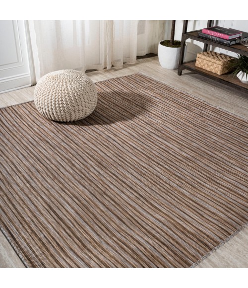 TUSCAN SUN COLLECTION Area Rug Finn Modern Farmhouse Pinstripe Brown/Natural 6' Square Indoor/Outdoor Area Rug