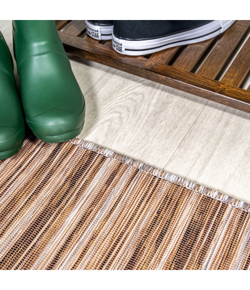TUSCAN SUN COLLECTION Area Rug Finn Modern Farmhouse Pinstripe Natural/Brown 6' Square Indoor/Outdoor Area Rug