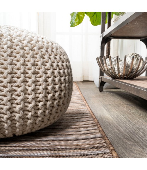 TUSCAN SUN COLLECTION Area Rug Finn Modern Farmhouse Pinstripe Natural/Brown 6' Square Indoor/Outdoor Area Rug