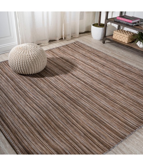 TUSCAN SUN COLLECTION Area Rug Finn Modern Farmhouse Pinstripe Natural/Brown 6' Square Indoor/Outdoor Area Rug