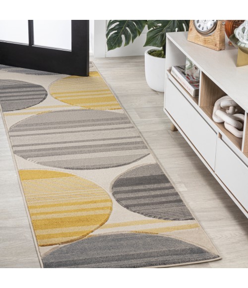 UNIQUE Area Rug Nicky Geometric Striped Circles Gray/Yellow/Cream 2 ft. x 8 ft. Runner Rug
