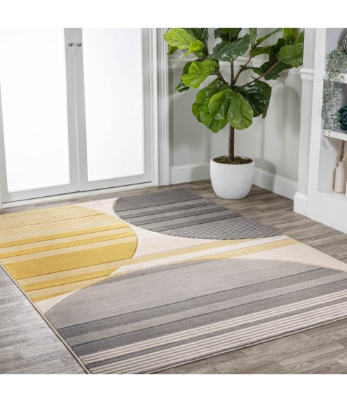 UNIQUE Area Rug Nicky Geometric Striped Circles Gray/Yellow/Cream 3 ft. x 5 ft. Area Rug