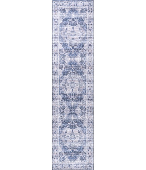 Alanya Ornate Medallion Washable Navy/Cream 2 ft. x 8 ft. Runner Rug