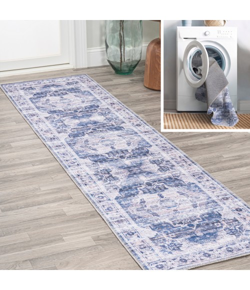 Alanya Ornate Medallion Washable Navy/Cream 2 ft. x 8 ft. Runner Rug