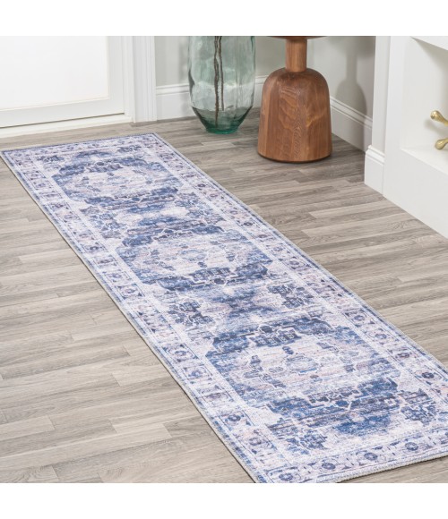 Alanya Ornate Medallion Washable Navy/Cream 2 ft. x 8 ft. Runner Rug