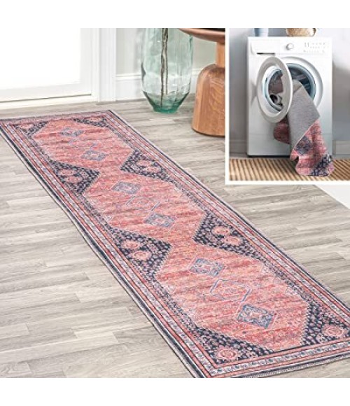 WSH101A Area Rug Dalyan Geometric Medallions Washable Terra/Navy 2 ft. x 8 ft. Runner Rug