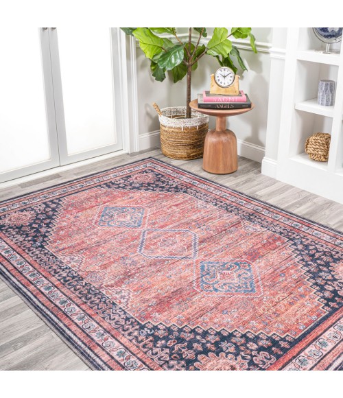 WSH101A Area Rug Dalyan Geometric Medallions Washable Terra/Navy 4 ft. x 6 ft. Area Rug
