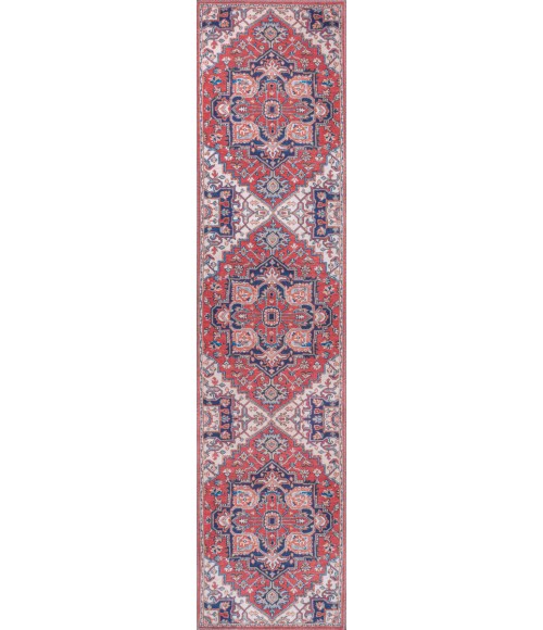 WSH105A Area Rug Cirali Ornate Large Medallion Washable Red/Navy 2 ft. x 8 ft. Runner Rug