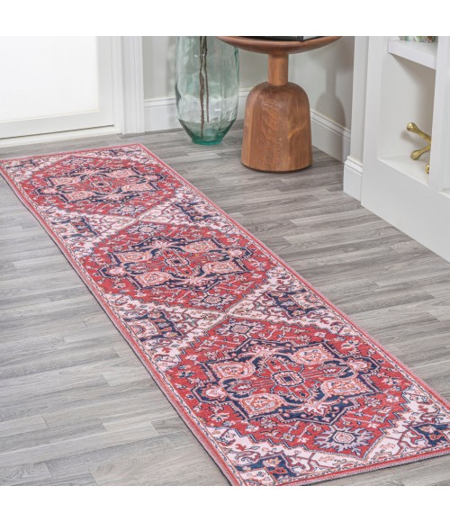 WSH105A Area Rug Cirali Ornate Large Medallion Washable Red/Navy 2 ft. x 8 ft. Runner Rug