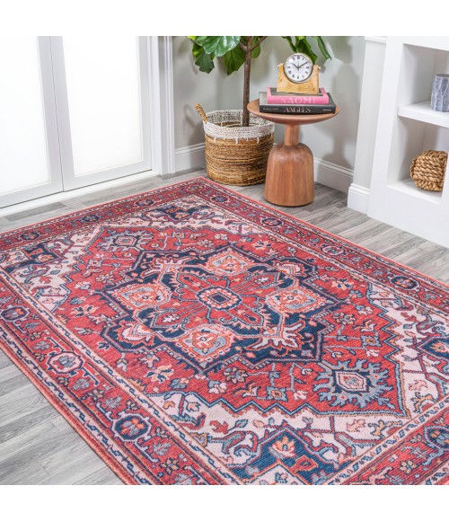 WSH105A Area Rug Cirali Ornate Large Medallion Washable Red/Navy 8 ft. x 10 ft. Area Rug