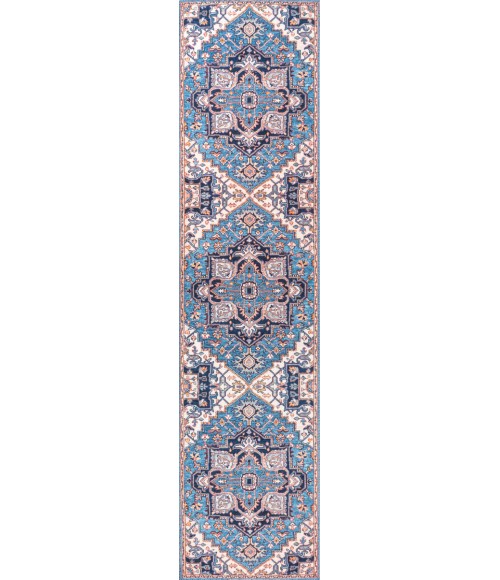 WSH105B Area Rug Cirali Ornate Large Medallion Washable Blue/Beige 2 ft. x 8 ft. Runner Rug