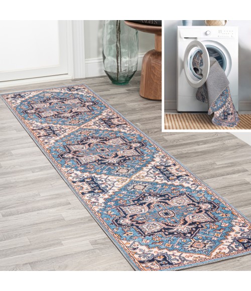 WSH105B Area Rug Cirali Ornate Large Medallion Washable Blue/Beige 2 ft. x 8 ft. Runner Rug