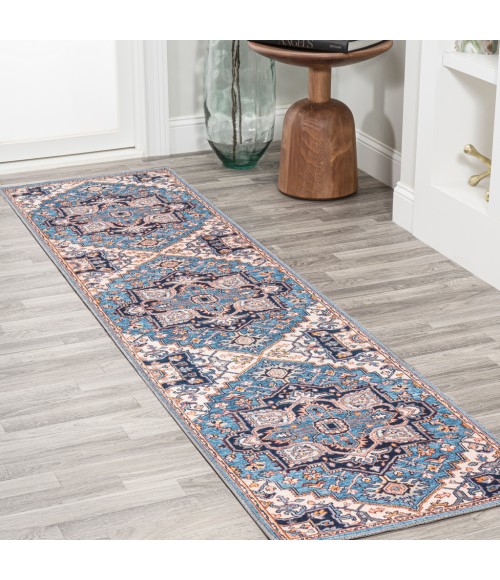 WSH105B Area Rug Cirali Ornate Large Medallion Washable Blue/Beige 2 ft. x 8 ft. Runner Rug