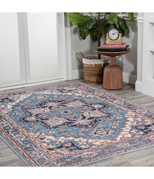 Cirali Ornate Large Medallion Washable Blue/Beige 5 ft. x 8 ft. Area Rug