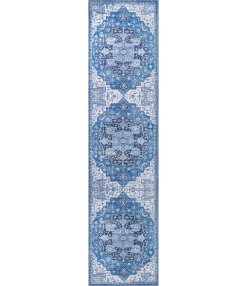 WSH109B Area Rug Maris Ornate Medallion Washable Blue/Navy 2 ft. x 8 ft. Runner Rug