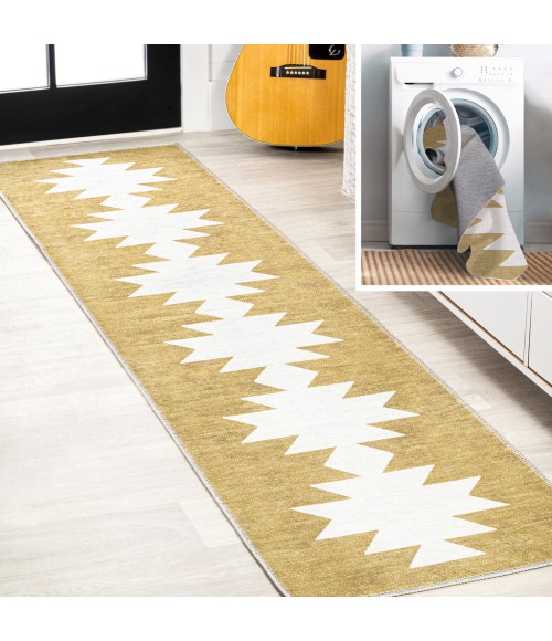 Chayton Minimalist Geometric Machine-Washable Moss/Cream 2 ft. x 8 ft. Runner Rug