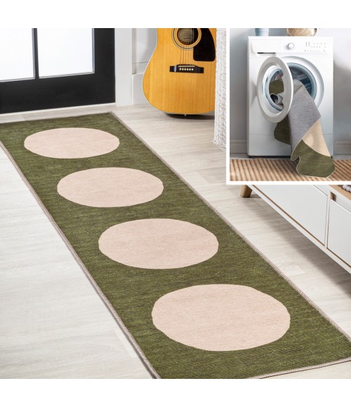 WSH113B Area Rug Cirkel Minimalist Geometric Dot Machine-Washable Green/Cream 2 ft. x 8 ft. Runner Rug