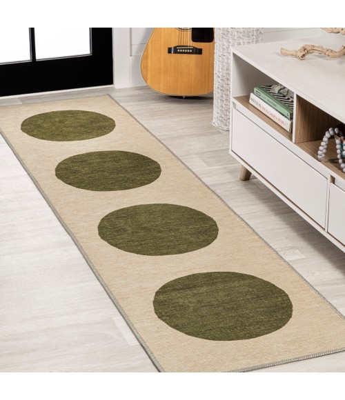 WSH113C Area Rug Cirkel Minimalist Geometric Dot Machine-Washable Cream/Green 2 ft. x 8 ft. Runner Rug