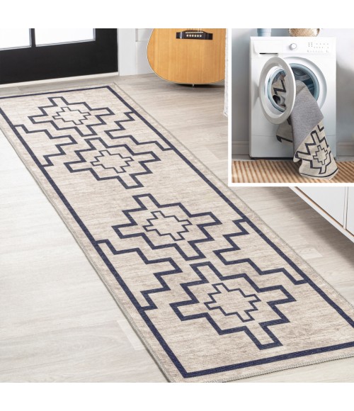 WSH115A Area Rug Ashkii Minimalist Medallion Machine-Washable Ivory/Dark Gray 2 ft. x 8 ft. Runner Rug