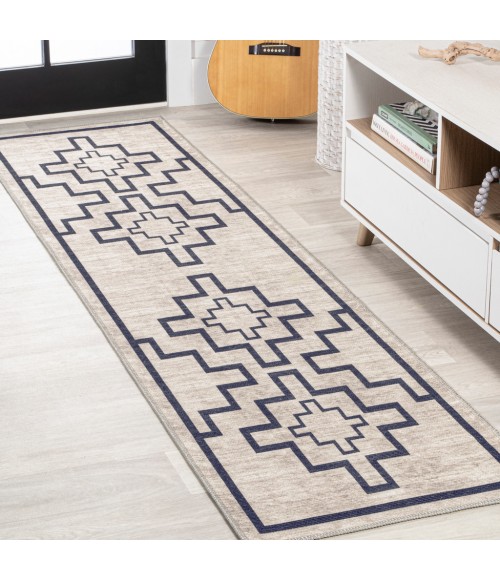 WSH115A Area Rug Ashkii Minimalist Medallion Machine-Washable Ivory/Dark Gray 2 ft. x 8 ft. Runner Rug