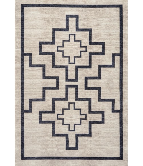 WSH115A Area Rug Ashkii Minimalist Medallion Machine-Washable Ivory/Dark Gray 5 ft. x 8 ft. Area Rug