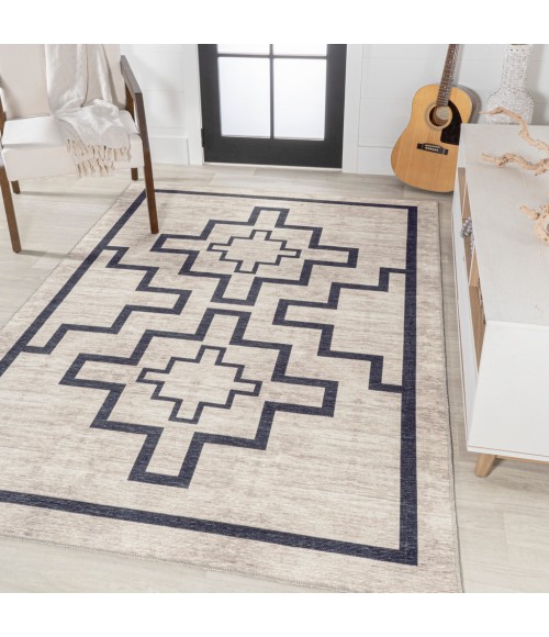 WSH115A Area Rug Ashkii Minimalist Medallion Machine-Washable Ivory/Dark Gray 5 ft. x 8 ft. Area Rug