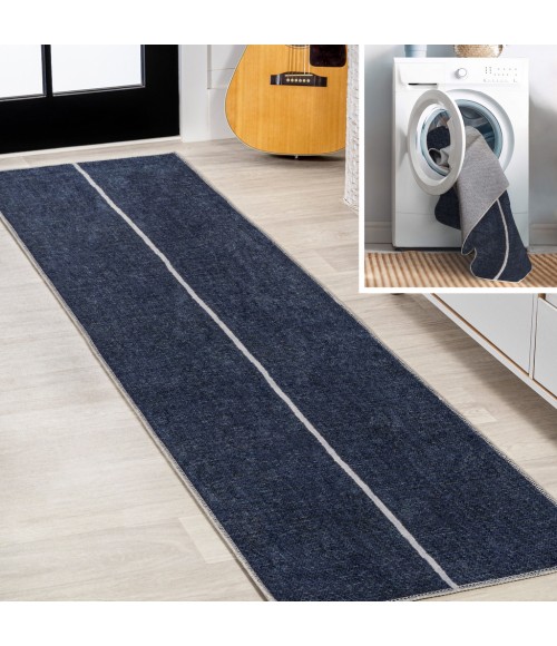 WSH117A Area Rug Linja Solid Centre Stripe Machine-Washable Navy/Gray 2 ft. x 8 ft. Runner Rug