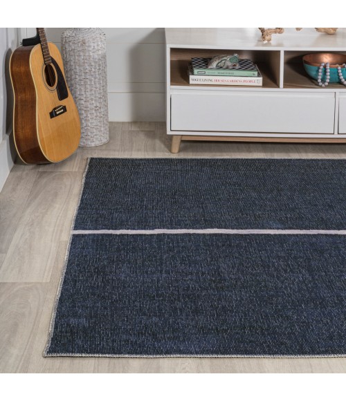 WSH117A Area Rug Linja Solid Centre Stripe Machine-Washable Navy/Gray 8 ft. x 10 ft. Area Rug